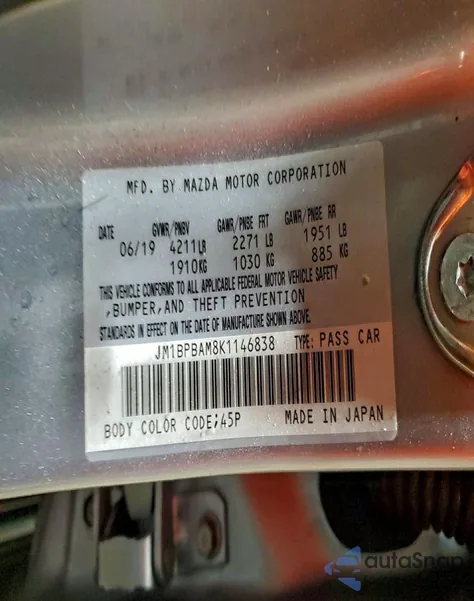 2019 Mazda 3 Select z USA, uszkodzony, nr VIN JM1BPBAM8K1146838